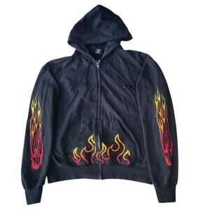 Revolution Gear Embroidered Flames Y2K Zip Up Hoodie Sweatshirt Size XL